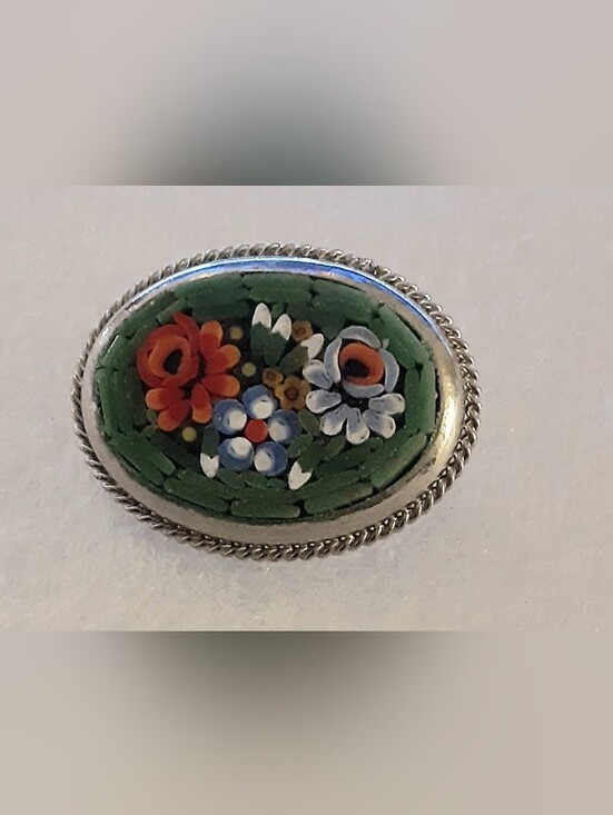 Source Unknown Jewelry - Handcrafted Floral Micro-Mosaic Oval Pin in Green